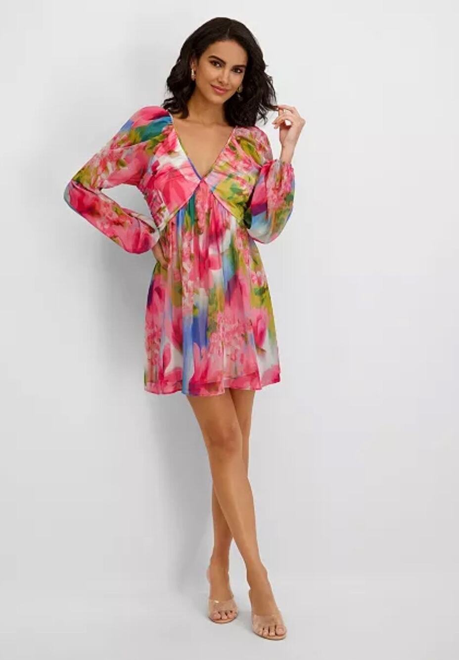 NWT Kensie Watercolor Floral Chiffon Balloon Flowy Long-Sleeve Dress-Size 14